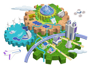 SDGs、カーボンニュートラルの未来都市イラスト　バリエーションあり