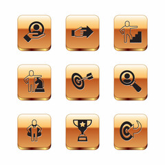 Set Hand for search a people, Head hunting, Award cup, Target, Chess, Stair with finish flag, and pointing finger icon. Vector