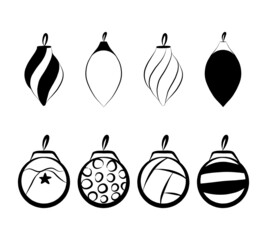 Christmas tree toy icon set isolated vector flat doodle illustration, black outline symbol, winter season decoration graphic element, simple round ball shape