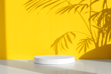 Minimal abstract yellow and white background for eco cosmetic product presentation. Cylindrical white scene. Premium podium with a shadow of tropical palm leaves. Empty showcase.