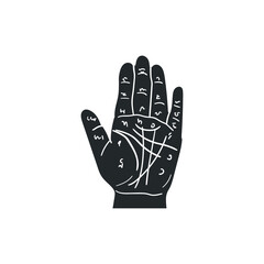 Fototapeta premium Palmistry Icon Silhouette Illustration. Magic Hand Fortune Vector Graphic Pictogram Symbol Clip Art. Doodle Sketch Black Sign.