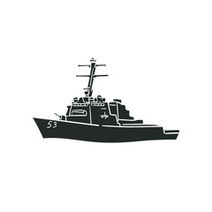Military Ship Icon Silhouette Illustration. Naval Battleship Vector Graphic Pictogram Symbol Clip Art. Doodle Sketch Black Sign. © josepperianes