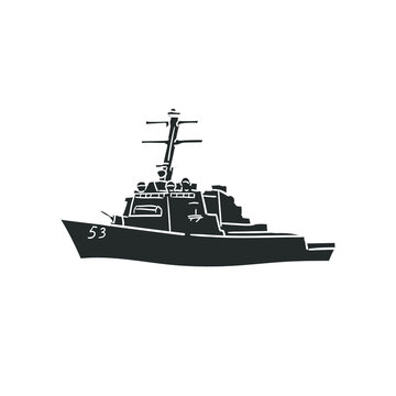 Military Ship Icon Silhouette Illustration. Naval Battleship Vector Graphic Pictogram Symbol Clip Art. Doodle Sketch Black Sign.