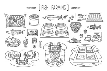 Vector hand drawn set on the theme of fish farming, agriculture, fisheries, fish factory. Isolated doodles, line icons for use in design