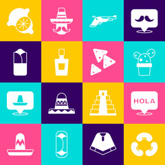 Set Beans, Hola, Cactus or succulent in pot, Vintage pistols, Tequila bottle, Burrito, Lime and Nachos icon. Vector © vector_v