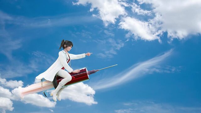 Beautiful nurse riding a large syringe pointing to the front. Inside is full of red vaccines. on the bright sky as background. Animation cartoon characters and Copy space for your text, 3d rendering.