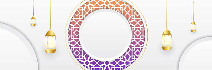 Ramadan Kareem banner background. Ramadan islamic holiday design templates with gold crescent moon, hand drawn lettering and mosque. Vector illustration.