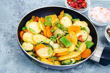 Mix of frozen organic vegetables fried in pan. Studio Photo