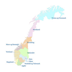 Naklejka premium Norway vector map. Administrative divisions and counties force on 1 January 2020. All isolated on white background. Template for design and infographics. Vector illustration.