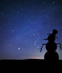 black silhouette of a snowman in a hat, top hat against the background of a bright night sky with...