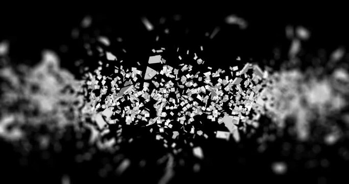 Planning word sign letters crash and slowly shatter into small pieces like glass. Slow motion fragments scatter in all directions, blurred at the edges animation.