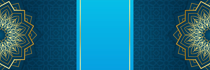 Ramadan Kareem banner background. Ramadan islamic holiday design templates with gold crescent moon, hand drawn lettering and mosque. Vector illustration.