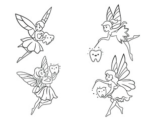 Set of tooth fairies. Collection of fairies with wings and tooth. Fairy tales creatures. Linear art. Vector illustration for children.