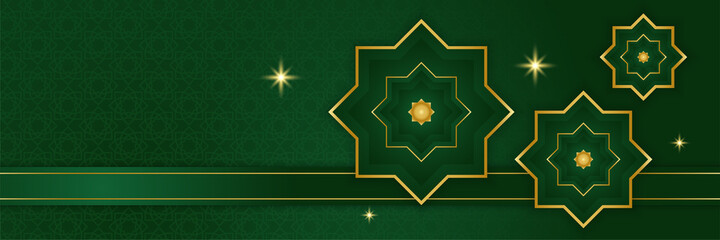 Ramadan Kareem banner background. Ramadan islamic holiday design templates with gold crescent moon, hand drawn lettering and mosque. Vector illustration.