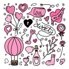 set of valentine doodles element design. Heart, key, bow, crown, sweets, love letter on white background.