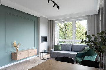 Modern living room in cozy interior in new apartment with green wall, wooden shelf and floor. Scandinavian indoors with sofa, window and armchair.