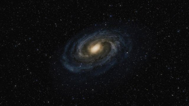 Starship flies at the speed of ligh near the center of the Milky Way galaxy in space. Billions of stars in Andromeda galaxy. Highly detailed 4k cinematic model of galaxy and arms of stars