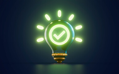 checkmark icon glowing inside lightbulb on dark background 3d render concept © TanzimGraphicsZone