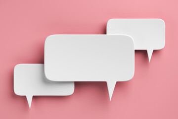 Social media notification icons, white speech bubbles on pink background. 3D rendering