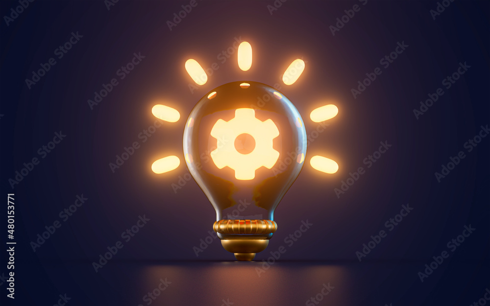 Wall mural setting gear icon glowing inside lightbulb on dark background 3d render concept