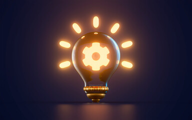 setting gear icon glowing inside lightbulb on dark background 3d render concept