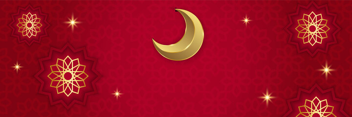 Ramadan Kareem Banner Background with moon, islamic pattern, lantern. Gold moon and red abstract luxury islamic elements background