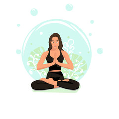 Girl in the lotus position, healthy lifestyle, nature, plants, water, air