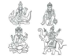 Fototapeta na wymiar Set of Hindu gods and deities. Collection of Indian gods Hanuman, Brahma, Indra, Shiva. Deity of Hinduism. Vector illustration of divine religion.