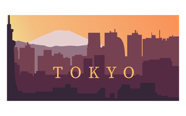 Fototapeta premium Tokyo silhouette, sun, mountains, city, Triple poster, banner, website page