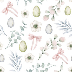 Watercolor seamless easter pattern with eucalyptus, flowers, bow, eggs. Isolated on white background. Hand drawn clipart. Perfect for card, fabric, tags, invitation, printing, wrapping.