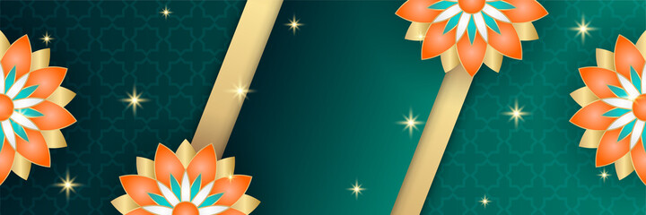 Ramadan Kareem Banner Background with moon, islamic pattern, lantern. Gold moon and abstract luxury islamic elements background