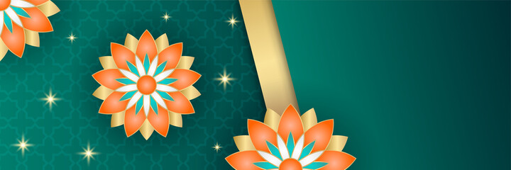 Ramadan Kareem Banner Background with moon, islamic pattern, lantern. Gold moon and abstract luxury islamic elements background