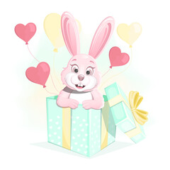 Romantic pink rabbit in a gift box with balloons