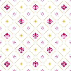 Seamless pattern. Modern geometric ornament with purple royal lilies. Classic vintage background
