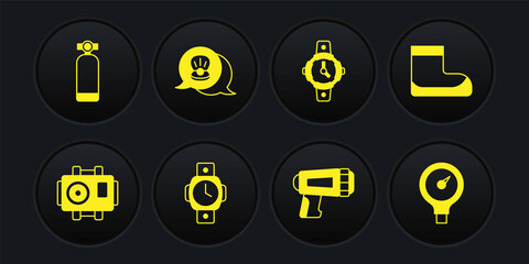Set Photo camera for diver, Boots, Diving watch, Flashlight, Scallop sea shell, Gauge scale and Aqualung icon. Vector