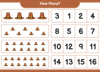 Counting game, how many Hat. Educational children game, printable worksheet, vector illustration