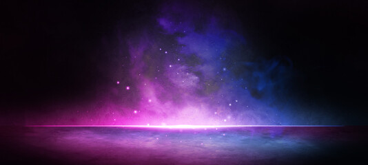 Exotic Particle Effects With Smoke And Spotlight In Asphalt Street Captivating Lighting with Midnight Blue Colors Spotlight Background Lighting Concept For Ads,Header And Banner