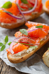 Sandwich with smoked salmon and cream cheese on a crispy baguette