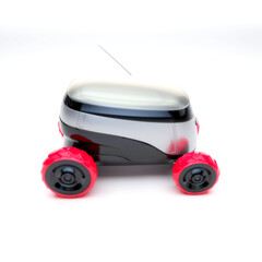 Automated Delivery Robot Service . Modern Smart Wireless Robot Delivers Goods or Food to a Customer. New Technological Iot Business Industry of Delivery Logistic of Online Shop. 3d illustration