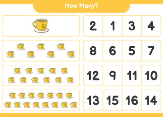 Counting game, how many Tea Cup. Educational children game, printable worksheet, vector illustration