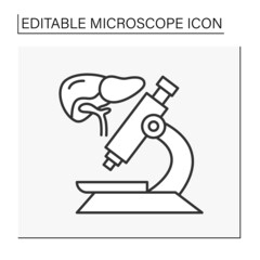  Researching line icon. Analyzing liver by microscope. Examination internal organ. Searching for diseases. Science concept. Isolated vector illustration. Editable stroke