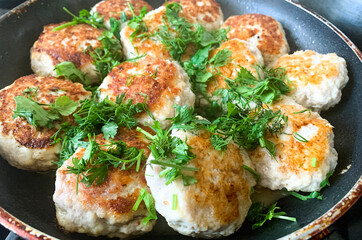 Cutlets, sprinkled with fresh chopped herbs, in an old pan. Studio Photo