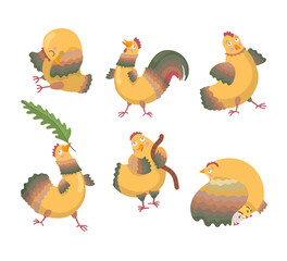 Collection of rooster, hen and chicks isolated on white background. Cute cartoon chicken in different poses