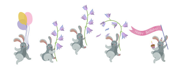 Сute bunny with balloons, flowers and birthday banner. Vector illustraton for postcard, banner, invitation, greeting card.