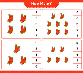 Counting game, how many Socks. Educational children game, printable worksheet, vector illustration