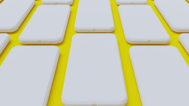 White smartphone Mockup on Yellow background. Mobile phone move in opposite directions. Animation seamless loop and alpha matte, 4k. Minimal idea concept, 3D Render.