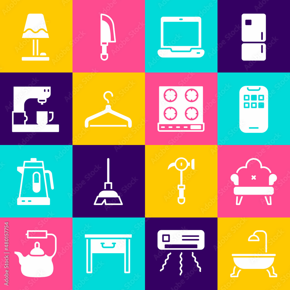 Sticker Set Bathtub, Sofa, Mobile Apps, Laptop, Hanger wardrobe, Coffee machine, Table lamp and Gas stove icon. Vector