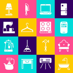 Set Bathtub, Sofa, Mobile Apps, Laptop, Hanger wardrobe, Coffee machine, Table lamp and Gas stove icon. Vector