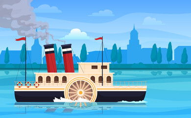 Retro steamboat floating on sea river water at antique city silhouette vector flat illustration - obrazy, fototapety, plakaty