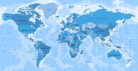 Fototapeta premium High Detailed Vector Political World Map | Miller Cylindrical Projection Map Illustration
